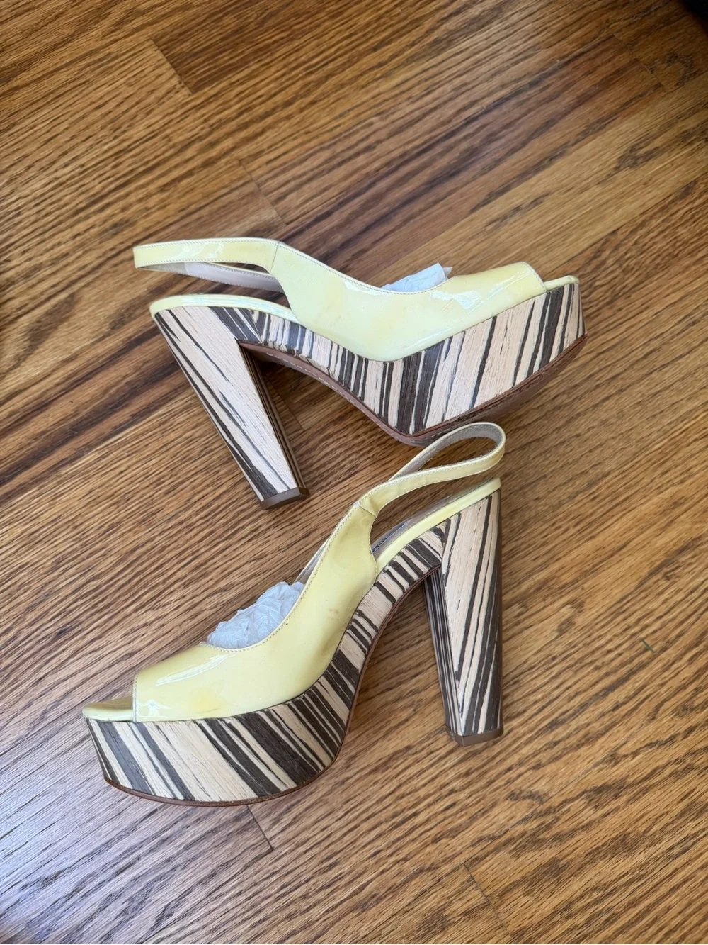 Prada Cream Patent Leather Peep-Toe Slingback Platform Heels